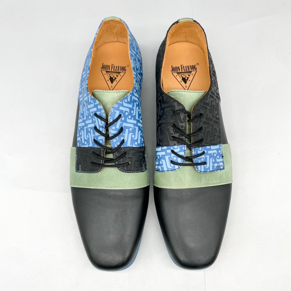 John Fluevog Mens12 Fuller Derby Colorblock Leather Mismatched Oxford Blue Black